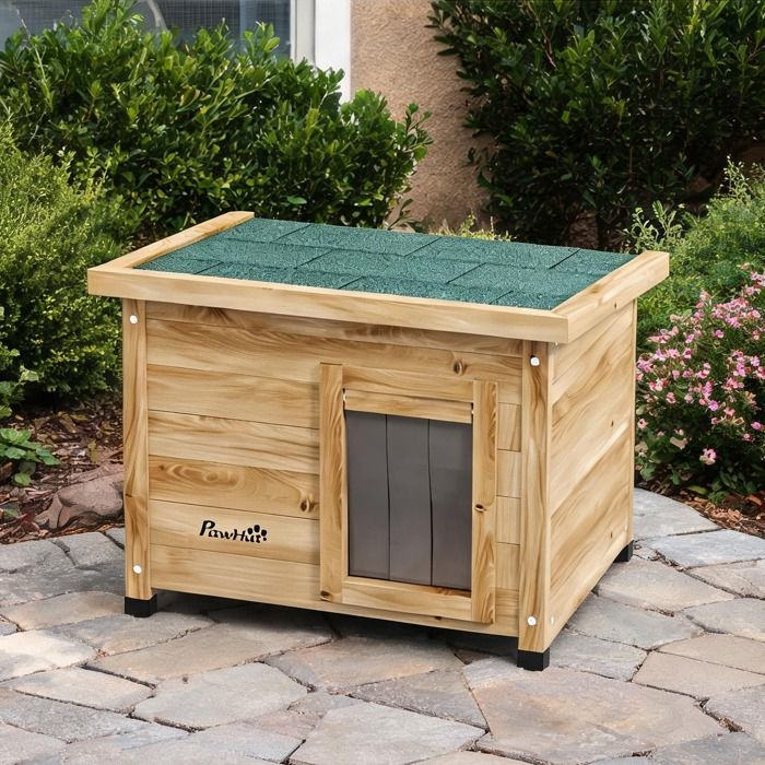 Abri pour chat dextérieur en bois jaune naturel 57x45x43 cm toit en asphalte incliné résistant aux intempéries