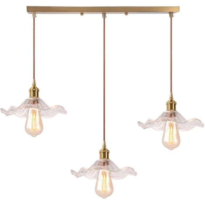 Lustre Luminaires en Verre Intérieure3 Lampes Lampe Suspendue Moderne Vintage Laiton Transparente 3 Lampes Barre