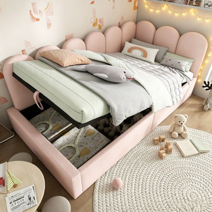 Lit de jour 90×200 cm - URTR - tissu velours - sommier à lattes métalliques - lit coffre rembourré - sans matelas - rose