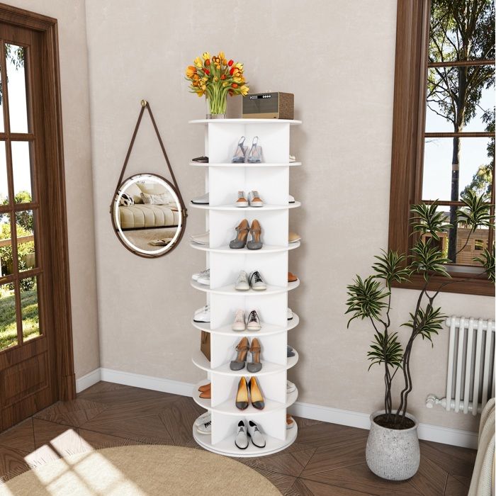 Meuble à chaussures pivotant 8 niveaux 32 paires 360° gain de place - ELVMI - Entrée PVC Blanc 60×60×1839 cm