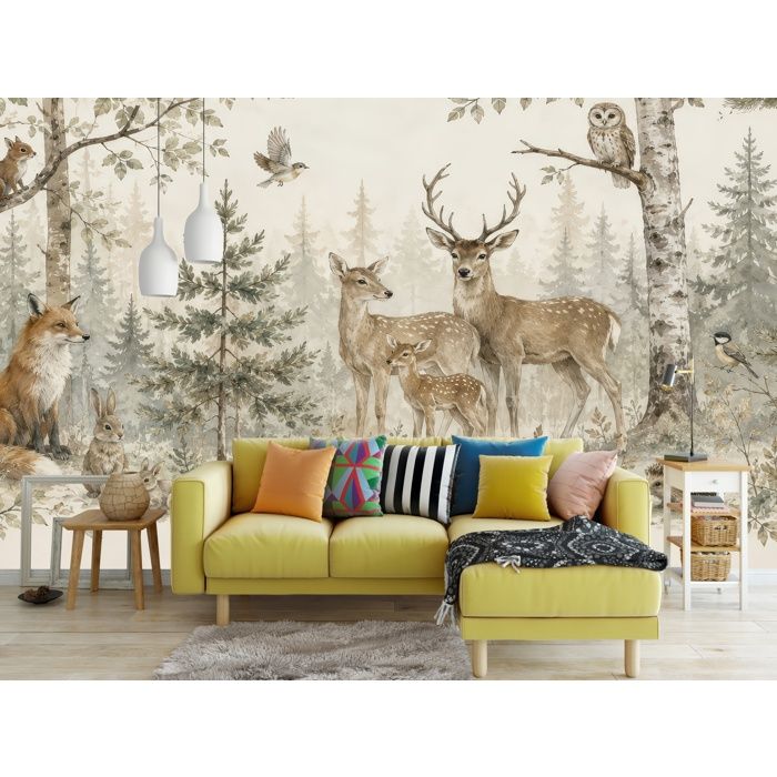 Papier Peint Intissé Enfant DOMEVISTA - Forêt nordique avec cerfs renard lapins et animaux sauvages - 350 x 260 cm - H3069