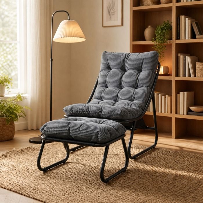 Fauteuil de jardin - ZEVKOR - Fauteuil lounge 1 - Acier thermolaqué - Coussin matelassé 8 cm gris - Style contemporain