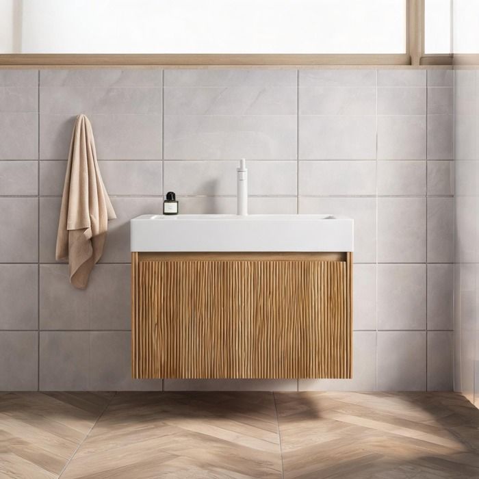 Meuble sous vasque mural en bois veiné naturel 70 cm vasque intégrée blanche en résine 1 tiroir style contemporain