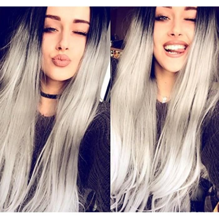 Mode Cheveux Straight Parti Cosplay Ombre Perruque Noir Gris