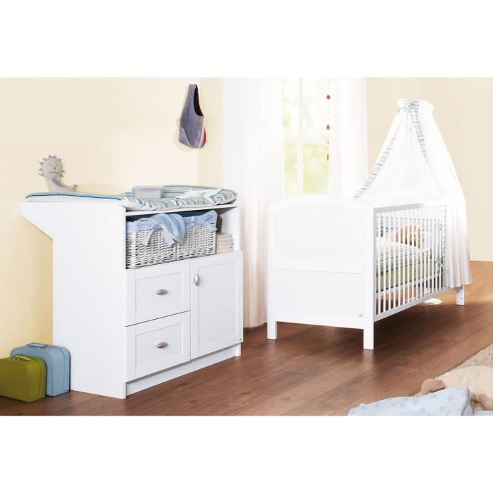 Set De 2 Pieces Pour Chambre Bebe Avec Lit Evolutif 140x70 Cm Et Commode A Langer En Bois Massif Coloris Blanc Cdiscount Maison