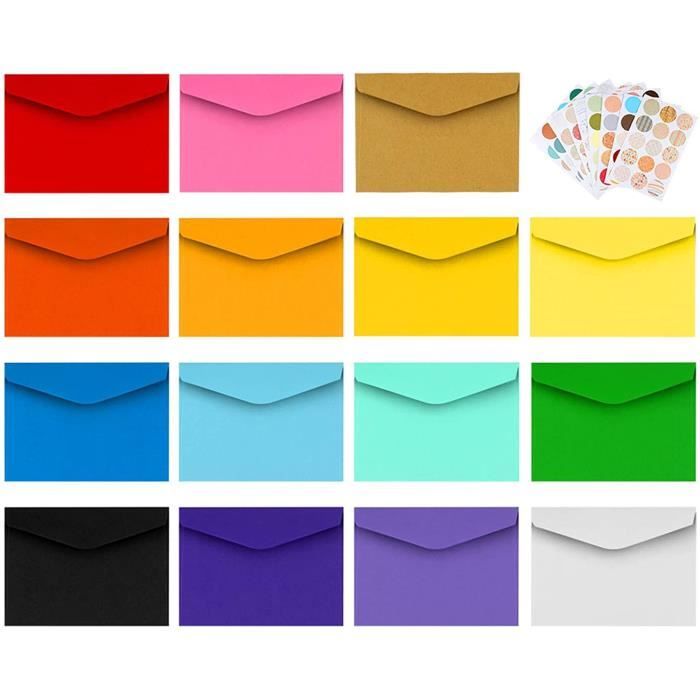 Paquet de petites enveloppes de plusieurs couleursHaute qualité.150 enveloppes.Taille 14 x 9 cm. 