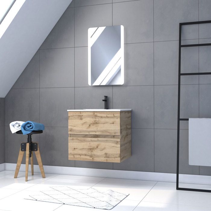 Meuble salle de bain suspendu 60x54 - Finition chêne naturel, vasque blanche et miroir LED - TIMBER 60 - AURLANE