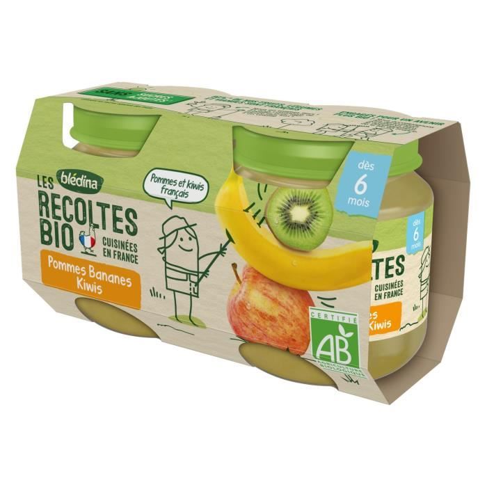 LOT DE 2 BLEDINA Les Récoltes Bio Compote bébé Pommes Bananes Kiwis Dès 6 Mois 2 pots de