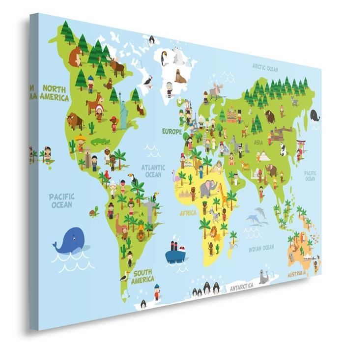 Tableau Deco Mural Imprime 80x1 Carte Du Monde Enfant Bleu Vert Cdiscount Maison