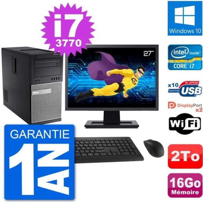 Top achat PC Portable PC Tour Dell 7010 Ecran 27" Intel i7-3770 RAM 16Go Disque 2To Windows 10 Wifi pas cher