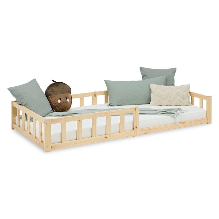 Lit pour enfant 90x200 Naturel Lit au sol avec sommier avec protection contre les chutes Montessori