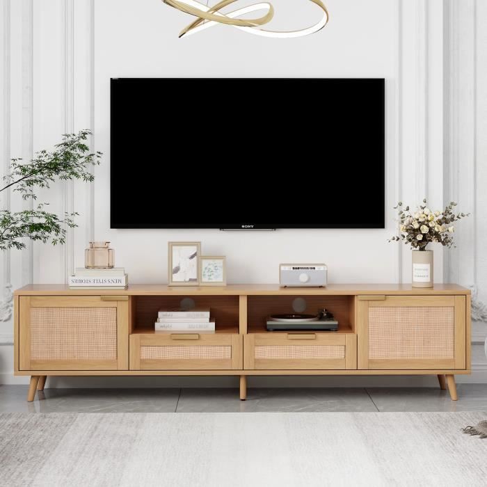 meuble tv - banc tv 200cm avec 2 portes, 2 tiroirs et 2 compartiments - bois et rotin tressé - 200x37x49cm - couleur chêne