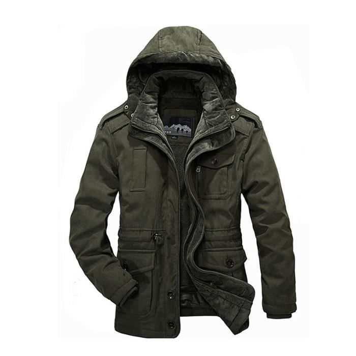 Parka homme a capuche amovible plus de velours Parka a poches multiples avec cordon de serrage a la taille veste Vert militaire