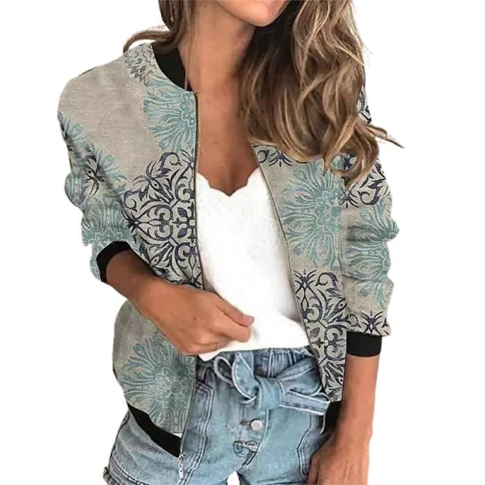 Blouson Bomber Femme - Style Moto Biker Slim Fit - Court Avec Imprimé Fleurs - Veste Chic