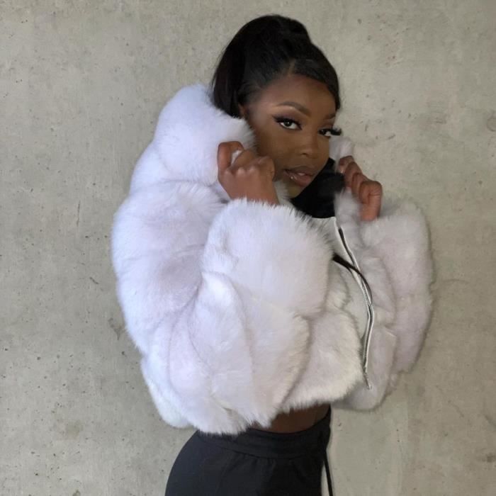 Hiver femmes court rose fausse fourrure manteau avec capuche femme moelleux fourrure artificielle veste fermeture eclair vetements d Noir Cdiscount Pret a Porter