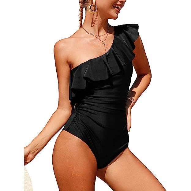 Maillots de Bain 1 Piece Femme Volant Dos Nu Bikini Rembourre Push Up Taille Haute Maillot de Bain Elegant Amincissant Bikini Noir