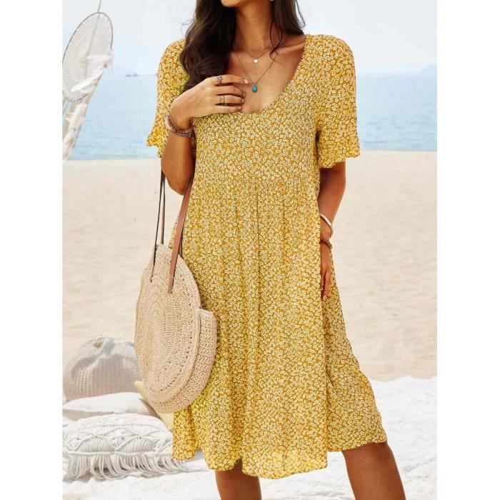 Robe d'été pour femmes Vintage imprimé Boho décontractée taille élastique  style bohème Jaune