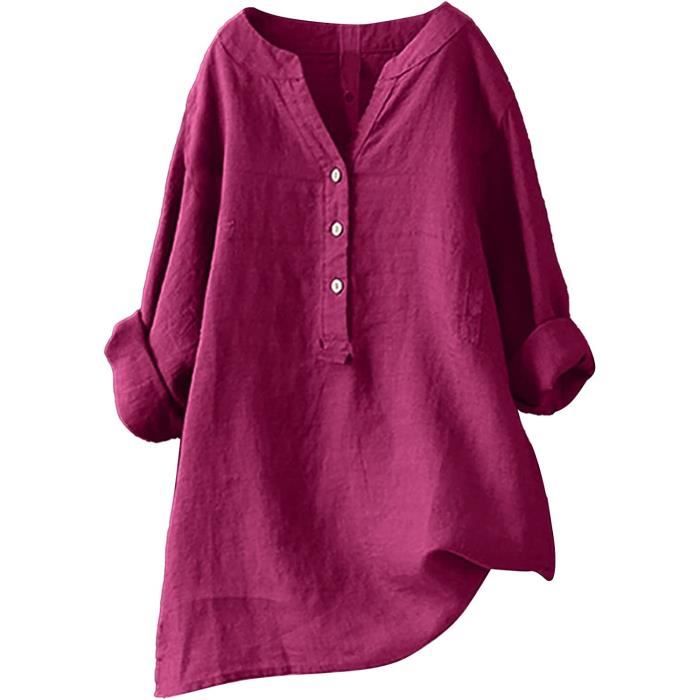 Blouse en Lin Femme Chic et Elegant Col en V Bouton Chemisier Manches Longues Casual Leger Couleur Unie Grande Taille Chemise Lin Cdiscount Pret a Porter