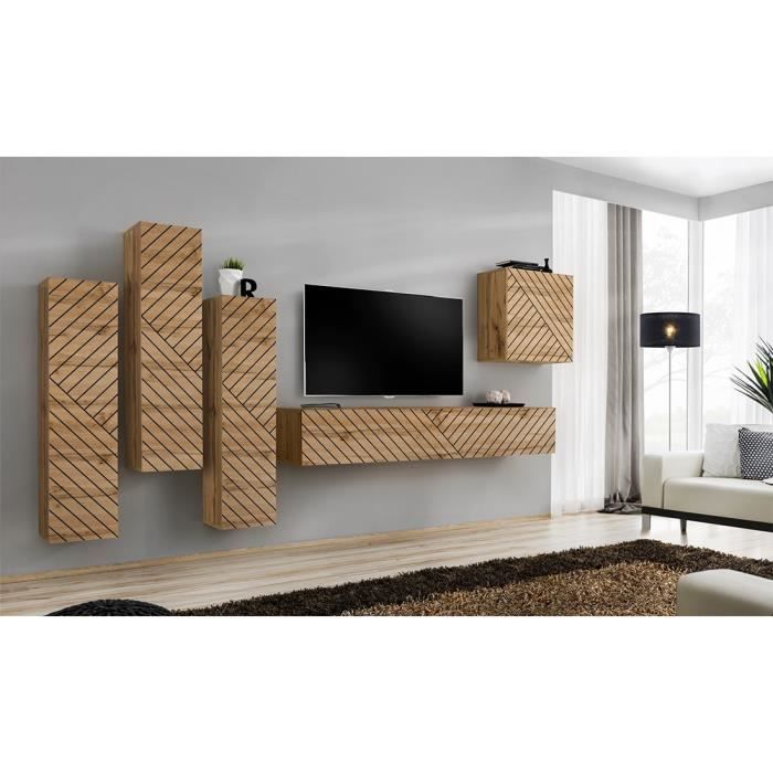 Ensemble meuble salon - PRICE FACTORY - SWITCH III - Chêne Wotan - Style industriel - Système push to open
