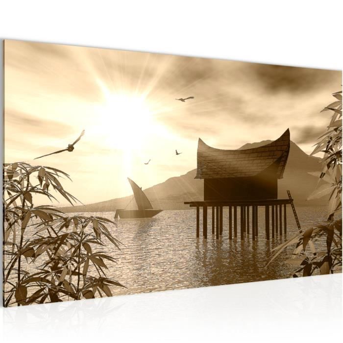 Tableau Sur Toile Moderne Coucher De Soleil Lac Bateau - Décoration Murale 50x70cm Paysage