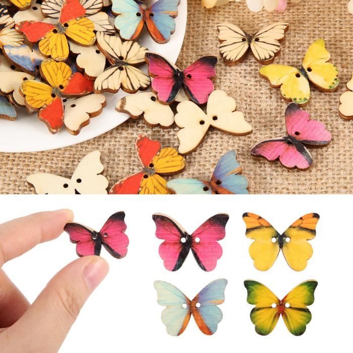 100 Boutons En Bois En Forme De Papillon - Multicolores - 20x26 Mm - Idéaux Pour Couture Et DIY