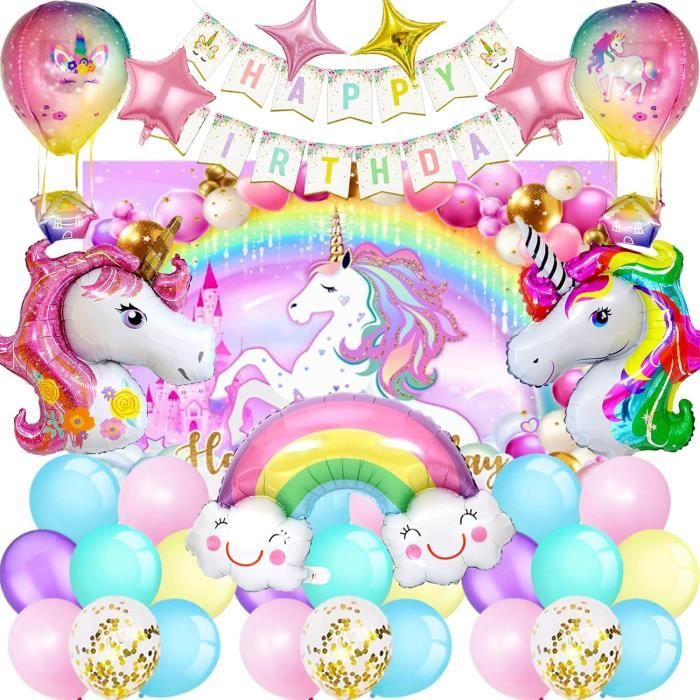 HLEIUKT Assiettes Anniversaire Licorne, Kit Deco Anniversaire Fille, Decoration Avec Ballon pour Fille Enfants Baby Shower 16 Invités (Licorne 7 Ans