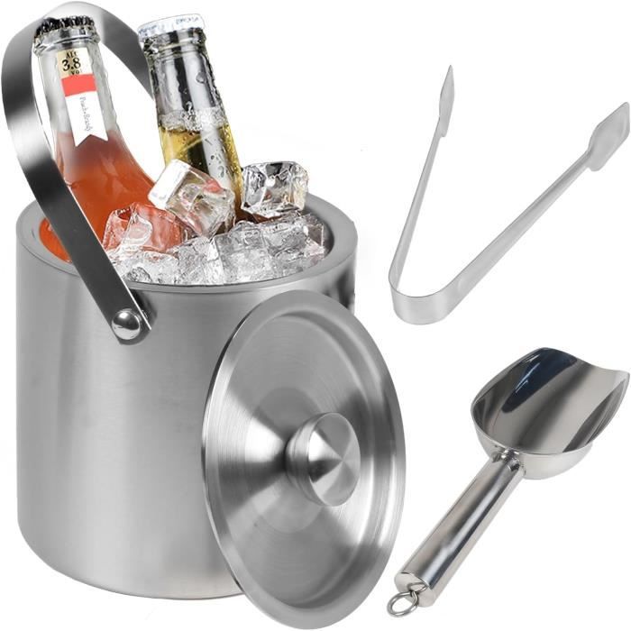 Seau à Glace Isotherme 2L Acier Inoxydable – Double Paroi, Pinces & Pelle Inclus, Rafraîchisseur Champagne