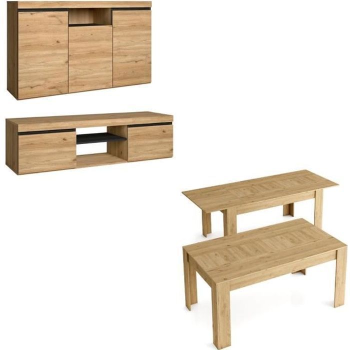 Ensemble Naturale Salle à manger meubles de salle à manger buffet-meuble tv 140cm-table extensible chêne/noir Ensemble Naturale Salle à manger meubles de salle à manger buffet-meuble tv 140cm-table extensible chêne/noir