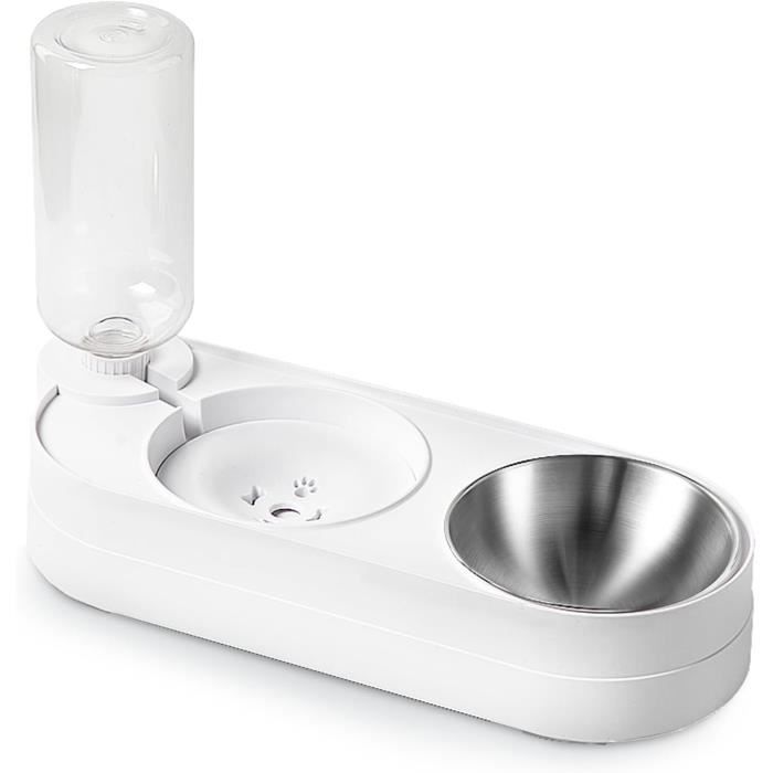 Gamelle Triple Pour Chat 3 En 1 - Distributeur D'eau 500 Ml + 2 Bols Nourriture - Inclinée 15° - Matériau PP Et Acier Inoxydable
