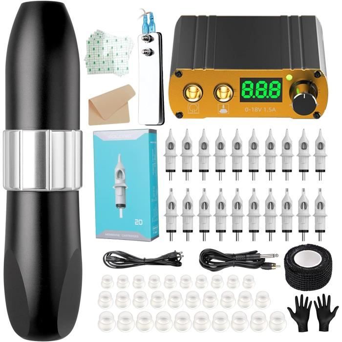 Kit De Tatouage Professionnel TATELF - Machine Sans Fil, 2 Batteries, 20 Aiguilles, 11 Encres, 100 Protections