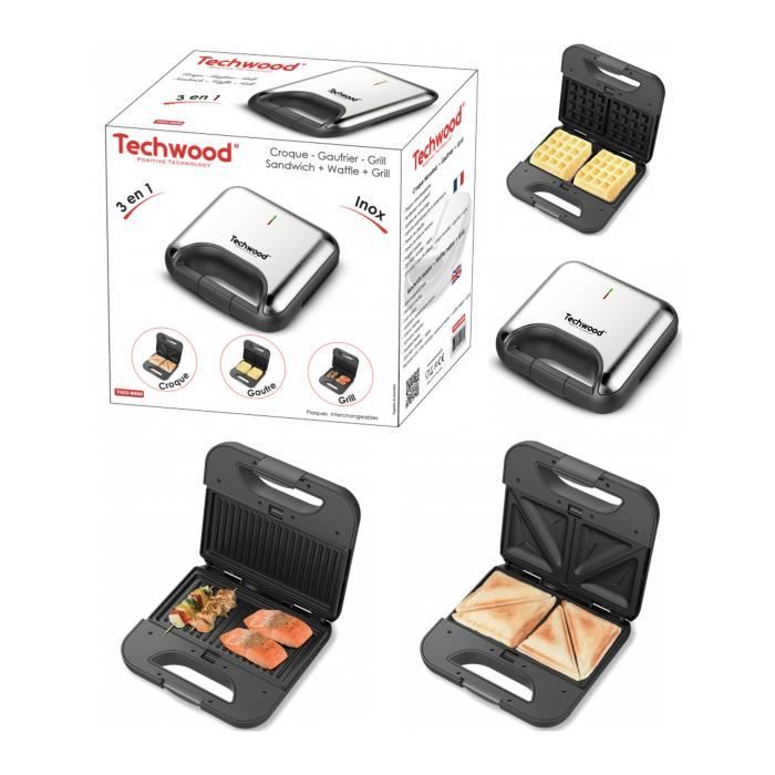 GRILL + GAUFRIER + CROQUE 800W- Décor Rouge - Plaques interchangeables - Revêtement anti-adhésif- Contrôle Température