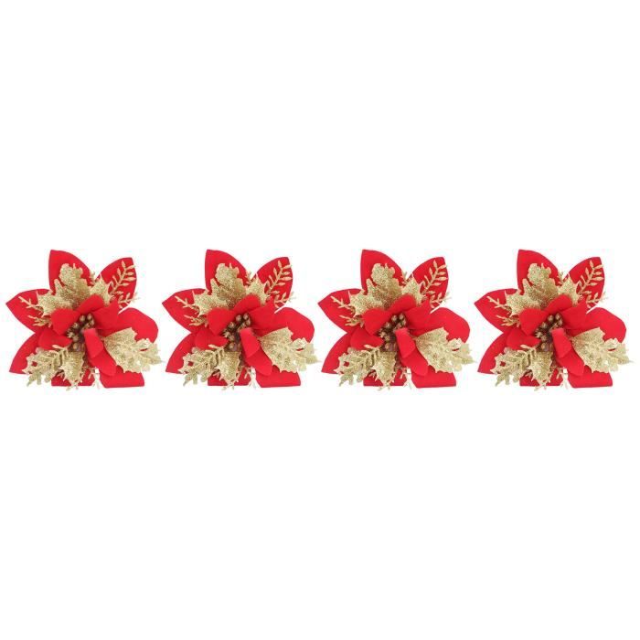 Fleurs d'arbre de Noël 4pcs Artificielles Poinsettia Rouge Doré Glitter