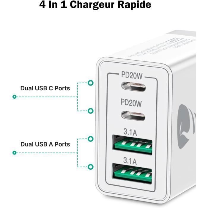Chargeur USB Station de charge murale USB multifonction à 10 ports avec charge  rapide résistante à l'usure style blanc2, prise américaine 