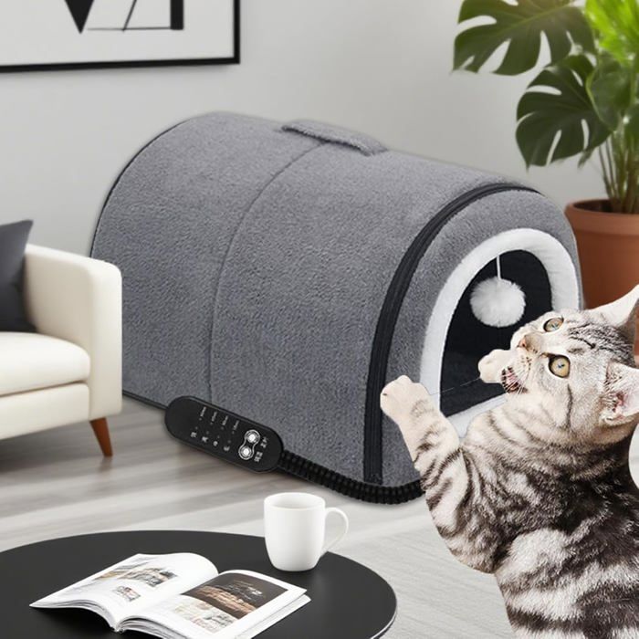 Panier Chauffant Pour Chat – Niche Semi-fermée Avec Toit Arqué – Thermostat Réglable 35-50°C – Dimensions 45x32x35 Cm – Lavable, Alimentation USB