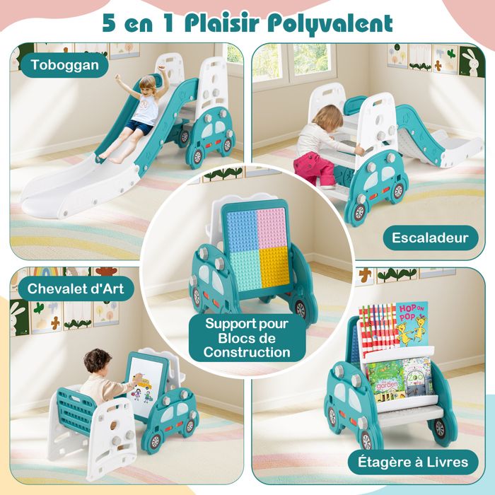 DREAMADE 5-en-1 Toboggan Pliable Et Chevalet - Tableau Double Face, Bibliothèque - Aire Jeux Intérieur Dès 3 Ans