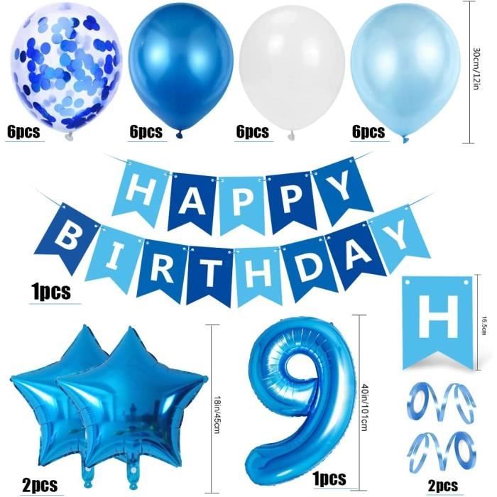 Kit Décoration Anniversaire Avec Ballon Chiffre Géant Aluminium (Numéro 1) - 20 Ballons Latex, Rubans - Thème Bleu