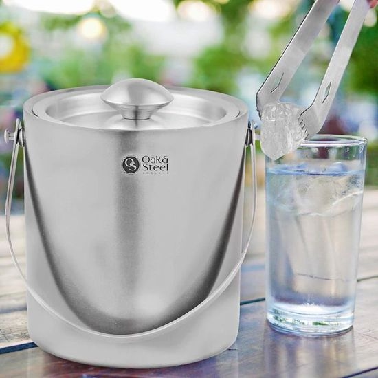 Oak & Steel Seau à Glace Isotherme - 2L Acier Inoxydable - Avec Couvercle Et Pince - Pour Champagne, Vin, Bière
