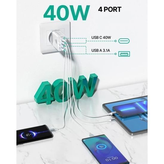Chargeur USB C 40W 4 Ports (2 USB-C 20W + 2 USB-A) – Blanc – Charge Rapide Universel