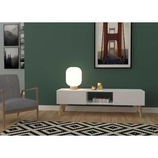 Artisan Il Ajoute Du Tissus Aux Meubles Meuble Tele Blanc Pied Design Bois L 150 X L 45 X H 45 Cm Achat Vente Meuble Tv Meuble Bas Cdiscount