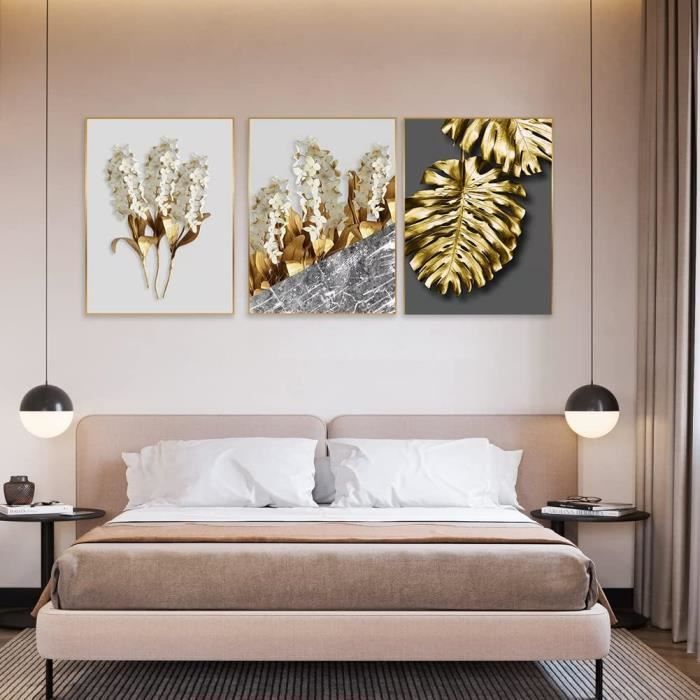 FSLEOVN Lot De 3 Toiles Murales Sur Toile Avec Plumes Dorées Nordiques - Noir - Ailes Dorées - Pour Décoration De Salon - Sans Cadre - Noir Doré (30x40cm