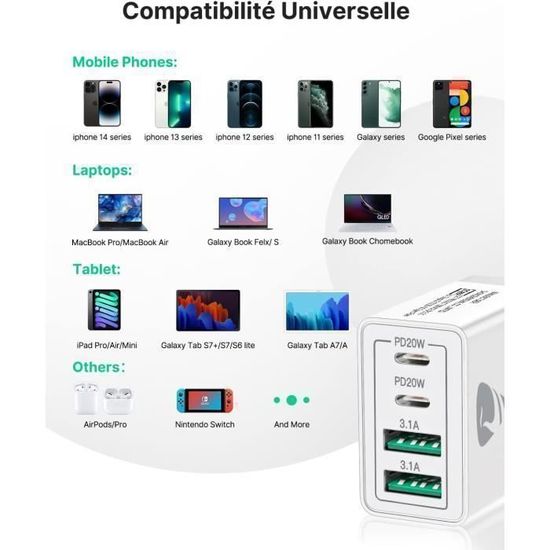 Chargeur USB 8 Ports 30W - 1 Port Quick Charge + 7 Ports 2,4A - Blanc Compact