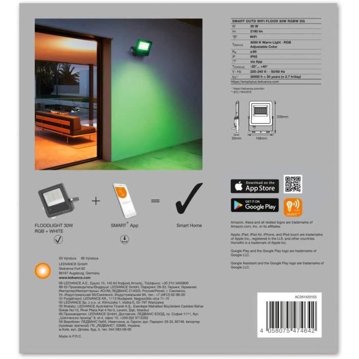 LEDVANCE Éclairage extérieur intelligent à LED avec technologie WiFi -  projecteurs pour l'extérieur - couleurs RVB modifiables 