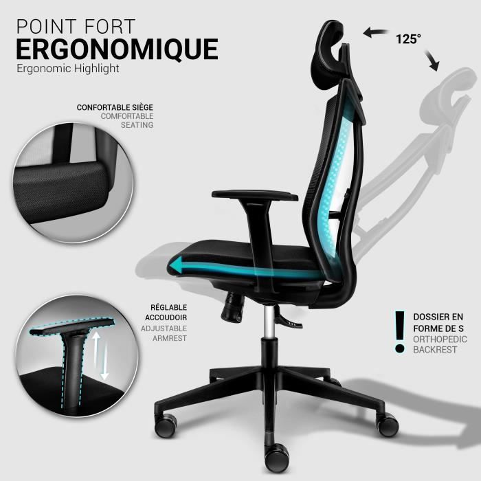 TRESKO Chaise de Bureau Ergonomique, Fauteuil Confortable avec Apui-tête,  Soutien Lombaire