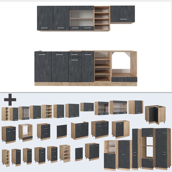 Vicco Cuisine Fame-Line, Anthracite brillant/blanc, 240cm , PT Chêne