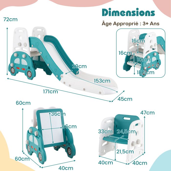 DREAMADE 5-en-1 Toboggan Pliable Et Chevalet - Tableau Double Face, Bibliothèque - Aire Jeux Intérieur Dès 3 Ans
