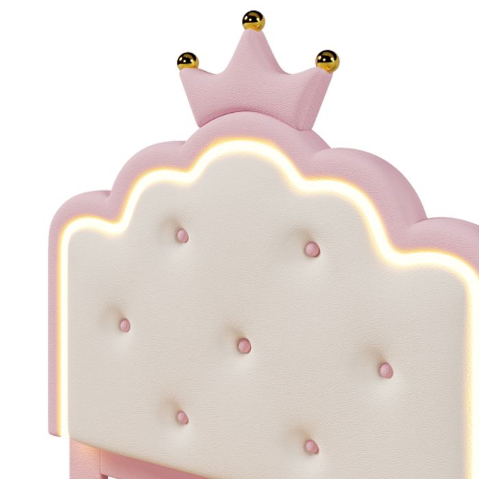 Lit Fille 90x200 Cm Capitonné Avec LED – Tête De Lit Couronne Réglable, Sommier Lattes, Velours Rose