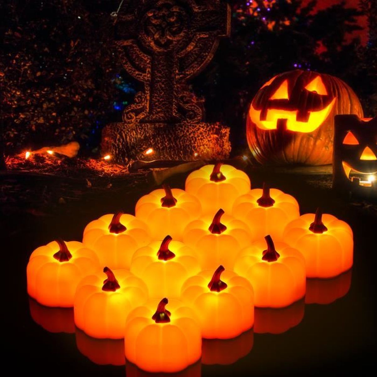 Lot De 12 Citrouilles LED Halloween Lumineuses - Bougies Chauffe-Plat Décoratives Pour Fêtes