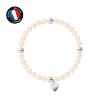 PERLINEA - Bracelet My Heart - Véritable Perle de Culture d'Eau Douce Ronde 5-6 mm Rose Naturel - Câble Elastiqué - Bijoux Femme