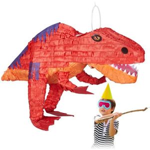 Piñata Relaxdays Pinata à suspendre Dinosaure T-Rex, Pour enfants, à remplir anniversaire jeux décoration papier, rouge