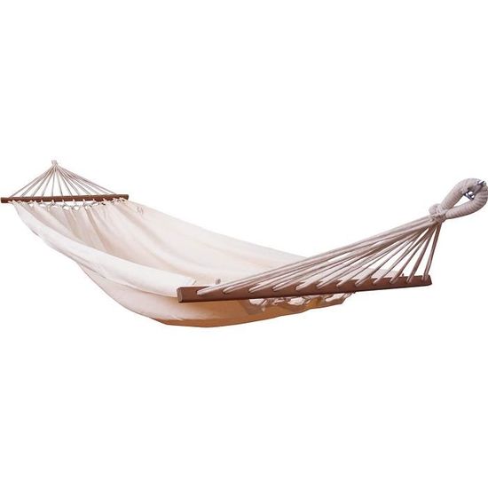 Hamac à Barres Simple En Coton Blanc Naturel 320 Cm - Avec Barre D'Écartement En Bois